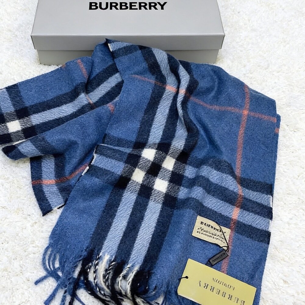 Burberry Blue Navy Check Fringe Scarf - Picture 4 of 6